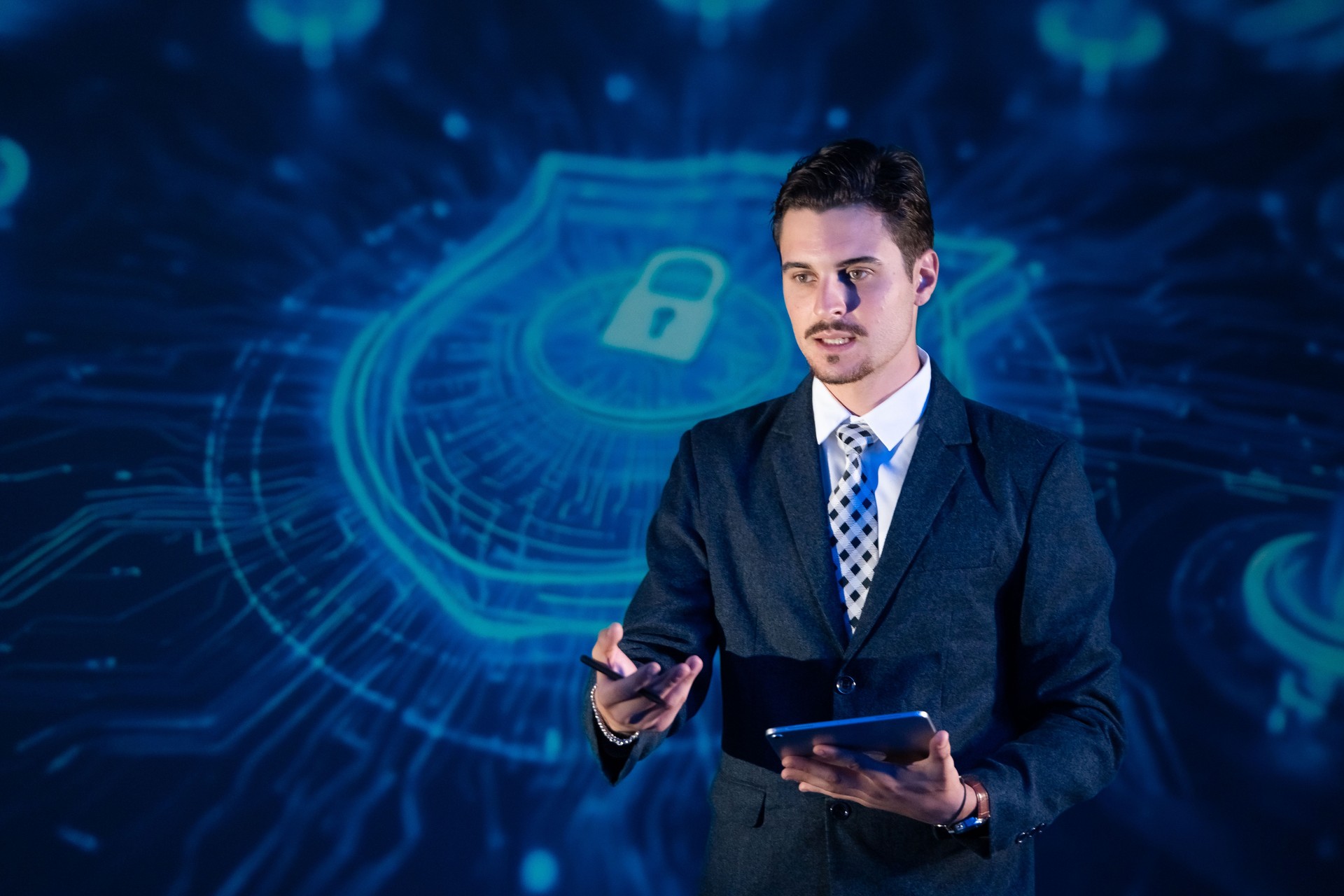 Cybersecurity expert giving a presentation on data protection, network security, and privacy