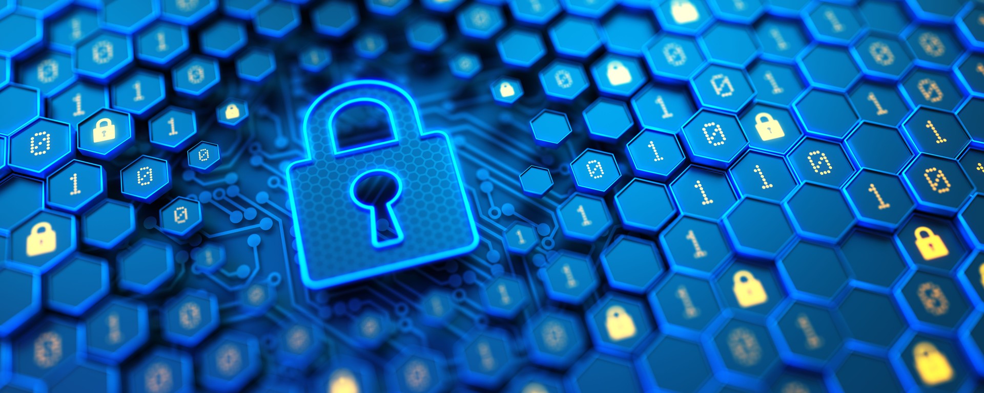 Hexagon shell with binary code and glowing lock sign. Protection against hacker attacks and data breach.  Safe your data. Internet security and privacy concept. 3d illustration